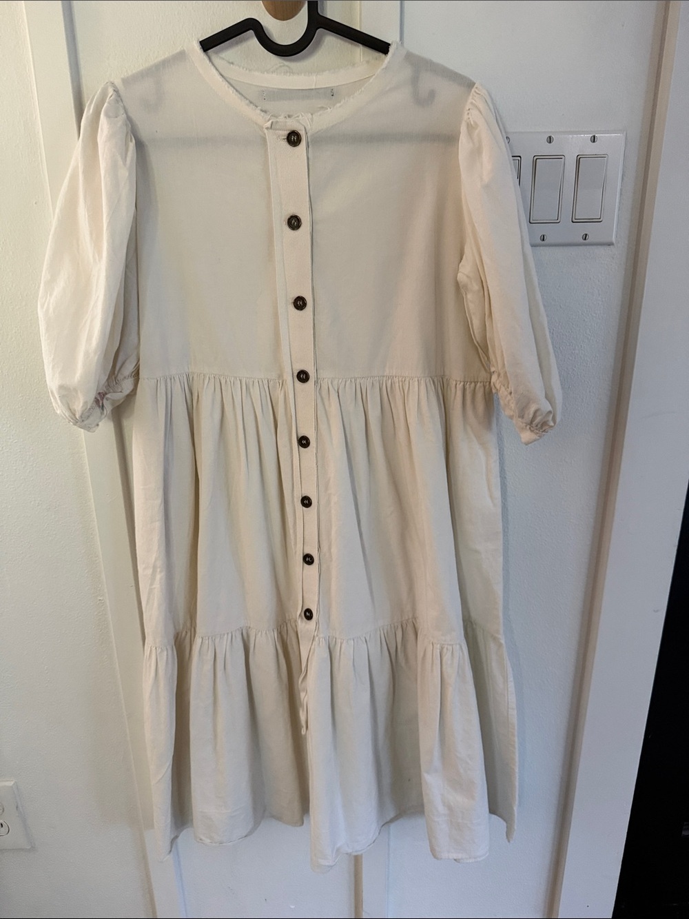Girls Cream Button-Down Tiered Dress with Puff Sleeves